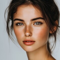 Wall Mural - A close up of a woman's face with brown eyes