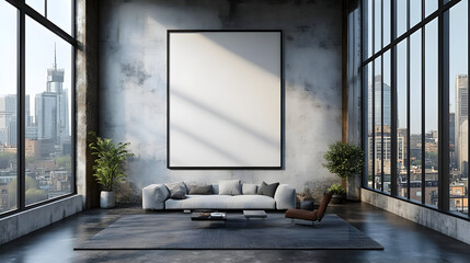 Wall Mural - Modern interior with large windows and minimalist decor.