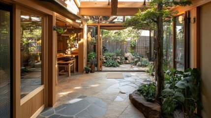 Sticker - Interior view of a modern home with a stone patio, wooden beams, and a large potted plant.