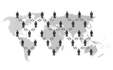Poster - Black and White Networks, Business or Social Media Connections Concept Design with World Map and Mesh of Grey Connected Business Men Figures - Design Isolated on White Background