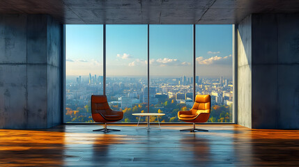 Wall Mural - Modern interior with two chairs and a cityscape view.