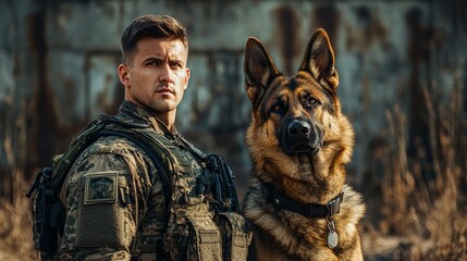 A soldier stands confidently with a loyal German Shepherd, showcasing the strong bond between man and dog in a military setting.