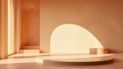Aufkleber - Soft light highlights the curved surfaces and contrasting textures of this minimalist architectural interior