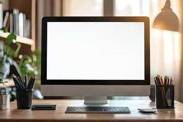 Fototapete - Mockup image of desktop with blank white computer screen and office supplies on wooden table