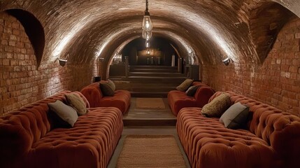 Two orange velvet couches sit facing each other in an arched brick tunnel with a rug and steps in the center.