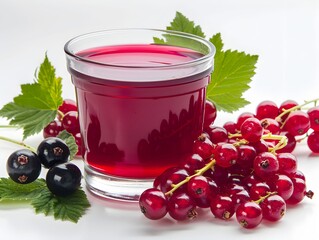 Wall Mural - Freshly poured currant juice served in a glass with black and red currants on a white background