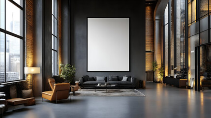 Wall Mural - Modern living room with large blank canvas and stylish decor.