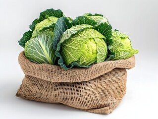 Wall Mural - Freshly harvested green cabbages in a jute sack on a white background