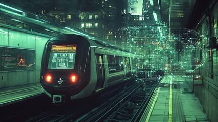 A futuristic subway system with automated trains and digital route maps