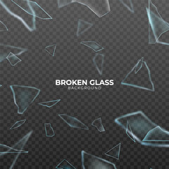 Wall Mural - Broken glass shatter and piece. Realistic vector illustration set of explode mirror shard fragment. flying transparent sharp debris elements of smithereens beaten crystal or ice on dark background.