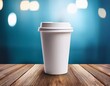 © Rindi - White coffee to go cup on wooden table, mockup, Generative AI
