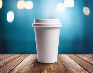 White coffee to go cup on wooden table, mockup, Generative AI