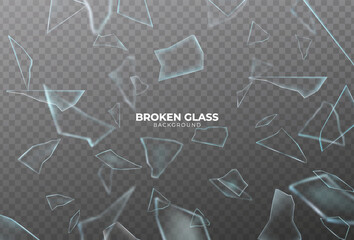 Wall Mural - Broken glass shatter and piece. Realistic vector illustration set of explode mirror shard fragment. flying transparent sharp debris elements of smithereens beaten crystal or ice on dark background.