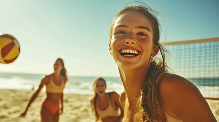 Wall Mural - A joyful group of women playing beach volleyball under the sun. The bright atmosphere enhances the fun and happiness. Enjoying an active summer day on the sandy shore. AI