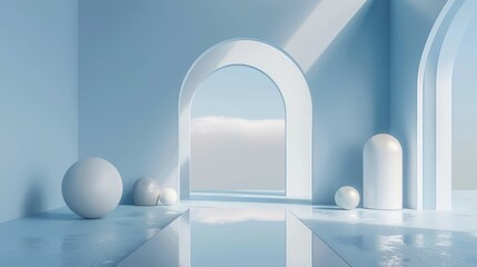Aufkleber - A serene blue backdrop showcases a minimalist stage design with smooth geometric shapes and soft lighting enhancing the atmosphere
