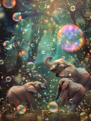 Poster - Elephants happily interact amidst vibrant, floating bubbles in a fantastical forest filled with enchanting light and greenery. Generative AI