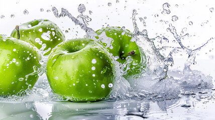 Ripe green apples in a splash of water close-up, dynamic image