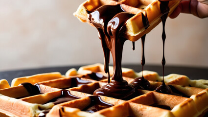 Wall Mural - Belgian Waffle with Tempting Liquid Chocolate