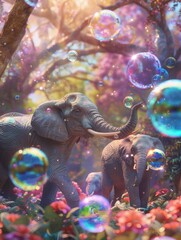 Poster - Two elephants explore a magical garden, surrounded by floating bubbles and bright flowers, illuminated by soft, enchanting sunlight. Generative AI