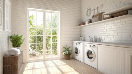 Bright, white laundry room with two washing machines, a wicker laundry basket, and a window overlooking a patio.