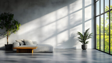 Wall Mural - Modern minimalist living room with large windows and plants.