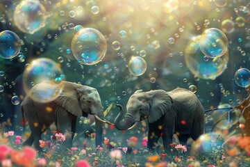 Poster - Two elephants engage joyfully in a colorful realm, surrounded by floating bubbles and blooming flowers under soft, shimmering light. Generative AI