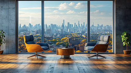 Wall Mural - Modern office interior with city skyline view and cozy seating.