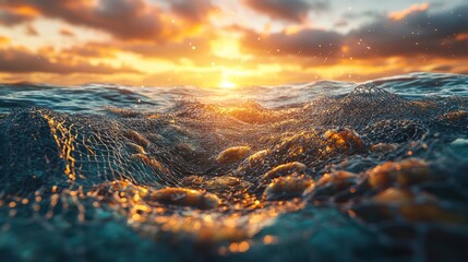 Golden Sunset Over the Ocean with a Fishing Net