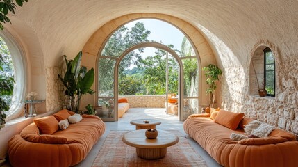 Sticker - A living room with an arched ceiling, two large orange sofas, a coffee table with a wood top, and a view of a lush garden outside.