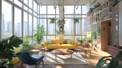 Sticker - Modern living room with yellow sofa, wooden coffee table, and city view.