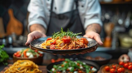 Chef serving plate of pasta with tomato sauce, fresh rosemary and cherry tomatoes on dark background. Concept of Italian food, restaurant, fine dining, delicious, cuisine, chef's special, gourmet,