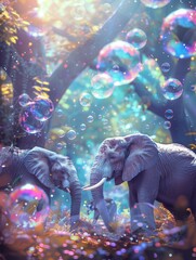 Poster - Two elephants joyfully wander in a whimsical forest surrounded by vibrant bubbles, capturing the essence of a fantastical world at sunset. Generative AI