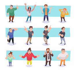 Canvas Print - Top view people. Characters top pointing with hands gestures exact vector standing characters in cartoon style