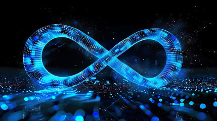 Blue infinity symbol made of glowing binary code particles on black background. 3d render