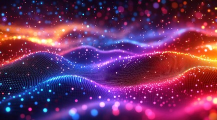 Wall Mural - Vibrant and colorful light patterns, resembling an immersive dance of luminous lights. The background is filled with pulsating dots that create the illusion of movement within the digital space.