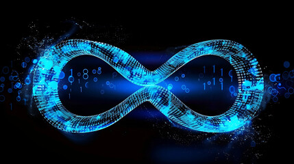 Blue infinity symbol made of glowing binary code particles on black background. 3d render