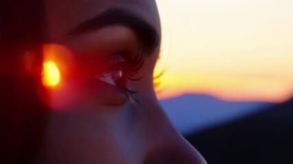 Wall Mural - young woman with captivating brown eyes gazes at the sunset behind a majestic mountain range, creati