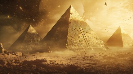 Three Ancient Pyramids in a Golden Desert Under a Glowing Sky.