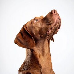 Wall Mural - Angry dog looking up at a transparent background, isolated on a brown background