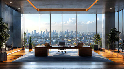 Wall Mural - Modern office with a city skyline view and elegant design.