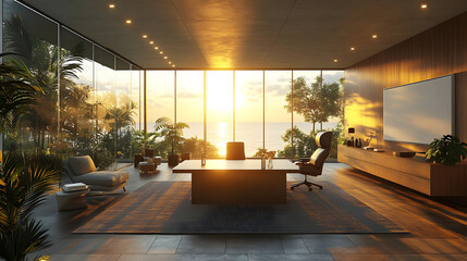 Wall Mural - Modern office with a stunning ocean view at sunset.