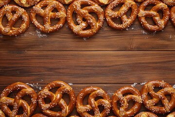 Wall Mural - A row of pretzels are on a wooden table