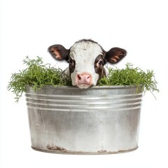 Wall Mural - A white, transparent background is used to isolate the image of a baby cow in a tub