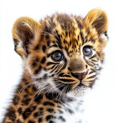 Wall Mural - A close-up portrait of a baby leopard is isolated on a white background