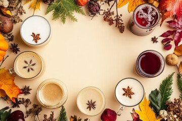 Canvas Print - A circle of coffee cups with a variety of flavors and spices, including cinnamon