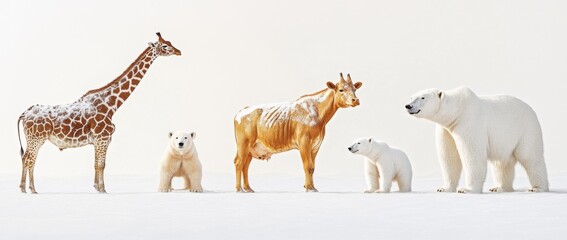 Wall Mural - A group of safari zoo animals is standing together on a transparent background, including a polar bear, a giraffe, and a cow.