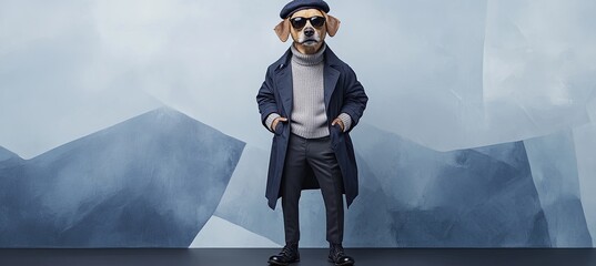 Wall Mural - A dog wearing sunglasses and a hat stands in front of a blue wall