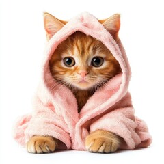 Wall Mural - Cute orange cat wearing pink hoodie on transparent background