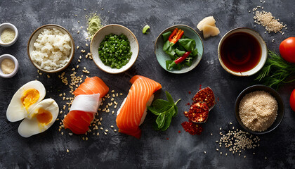 Canvas Print - Flat lay composition with ingredients for sushi on dark textured table