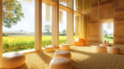 Poster - A cozy room with a view of a yellow flower field through large windows, featuring a plush orange beanbag chair and multiple round, woven ottomans.